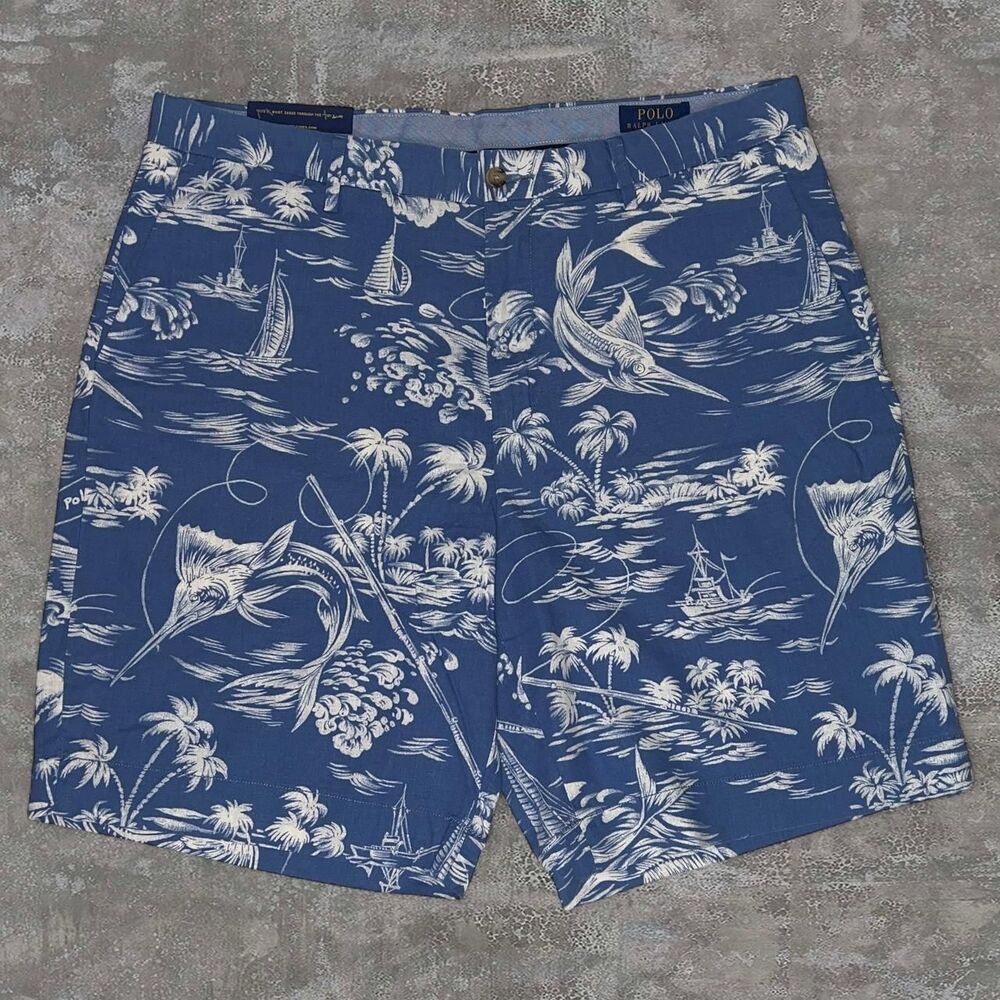 NWT Polo Ralph Lauren Men's 35 Blue Tropical Print Linen Shorts 9" Inseam